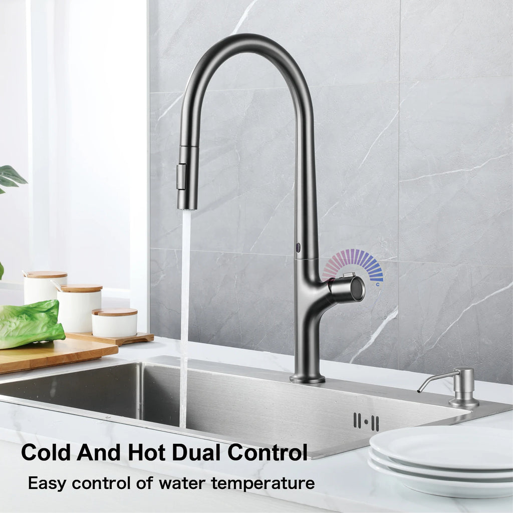 Modern style gun gray pull-out kitchen faucet with 1 handle for hot&cold water intelligent - Kitchen Faucet - view 3