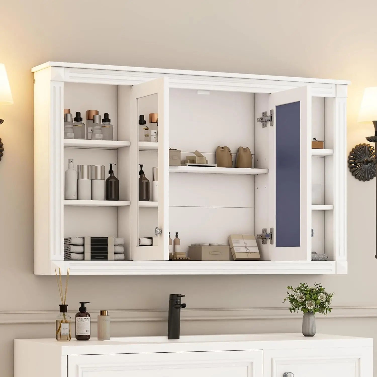 48in Wall Mounted Medicine Cabinet with Mirror Adjustable Shelf Open Shelves Over - Cabinet Organizer