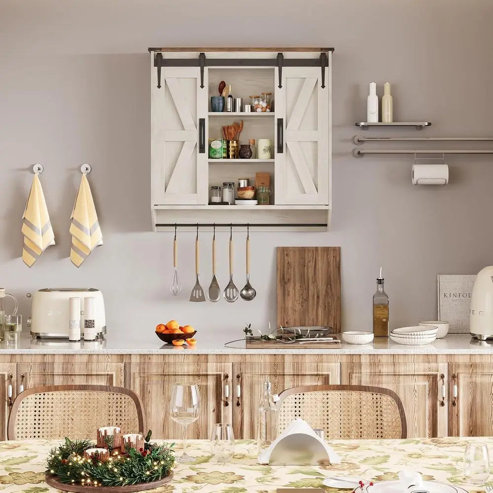 Farmhouse Medicine Cabinet 2 Sliding Barn Doors 3 Tier Rustic Wood Wall Storage Cabinet - Cabinet Organizer - view 5