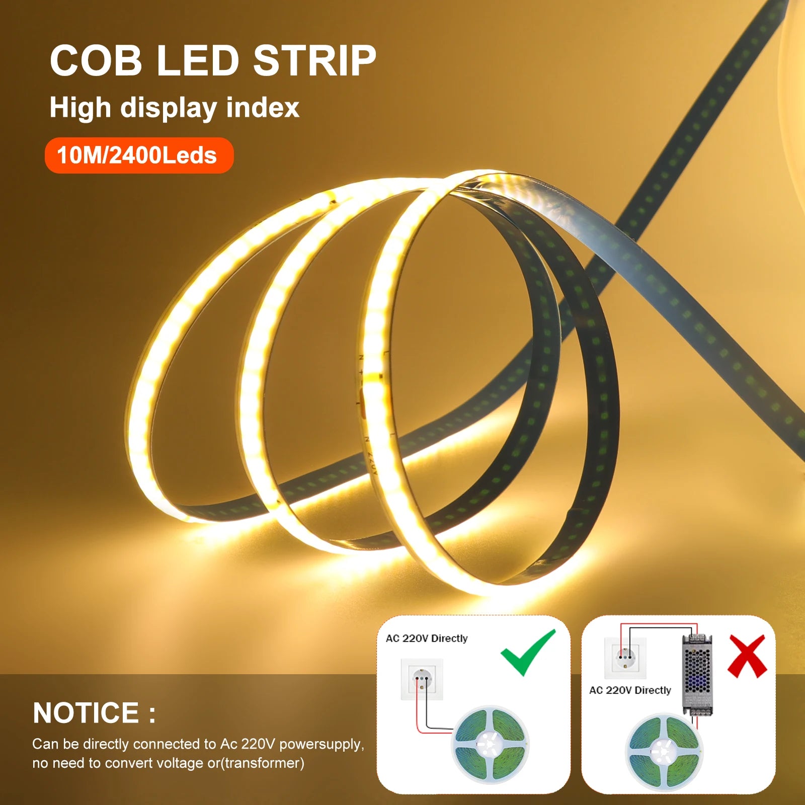 5M 10M 20M 50M/Roll COB Strip AC 220V 240Leds/M IP20 3000K 4000K 6000K Driver - Home Improvement - view 2