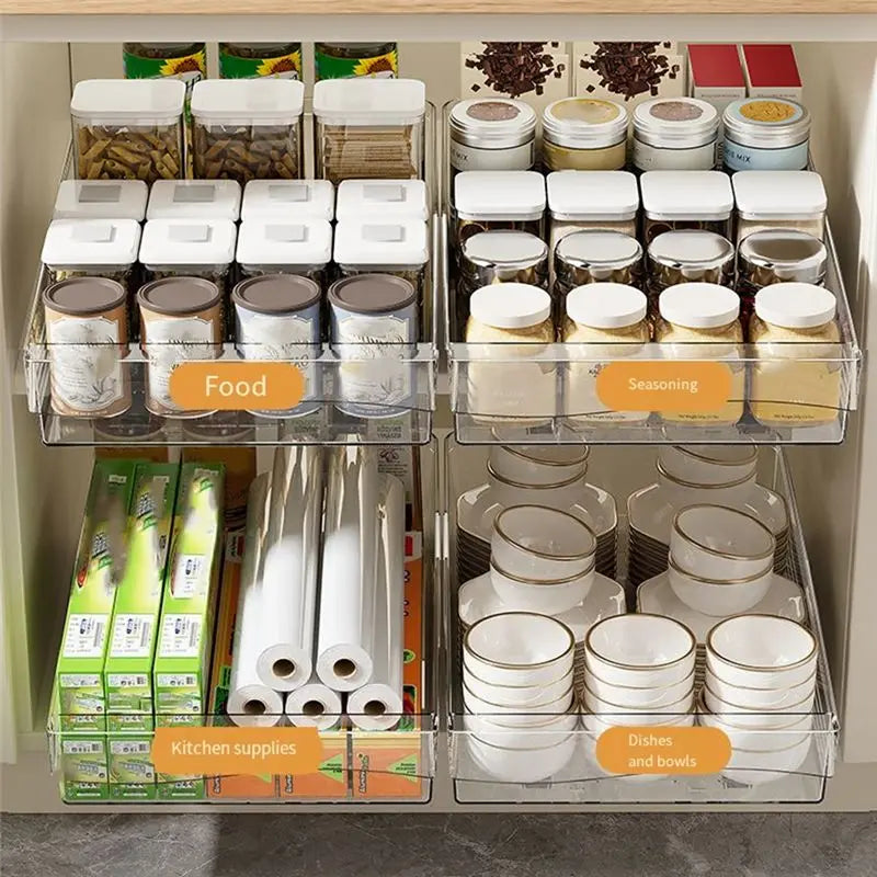 A55F-Retractable Drawer Transparent Sliding Rail Rack Kitchen Storage Box Movable - Cabinet Organizer - view 3