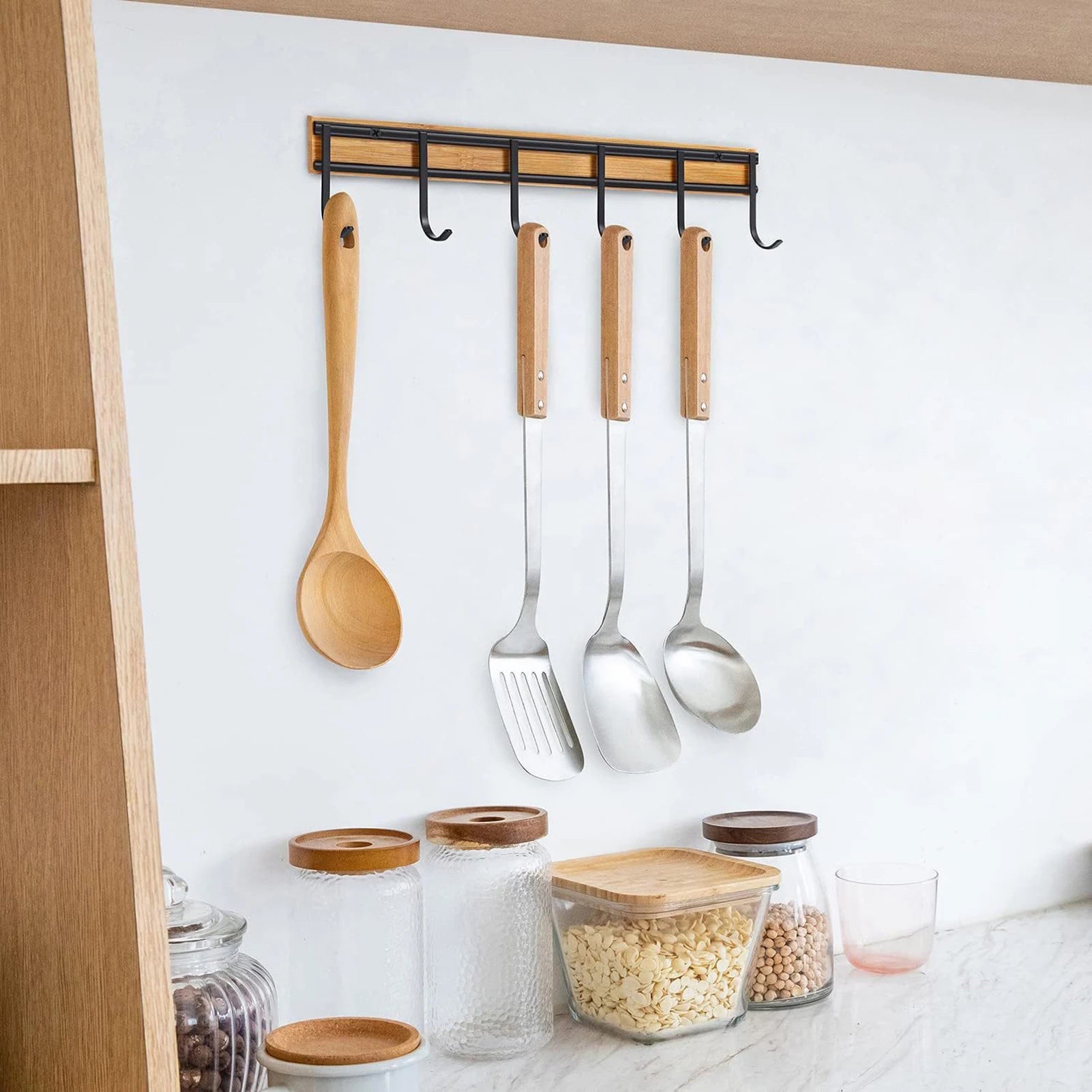 2PCS Wall Mounted Kitchen Utensil Hooks Set of 6 Black Metal Bamboo Decor Hangers - Organizer - view 2