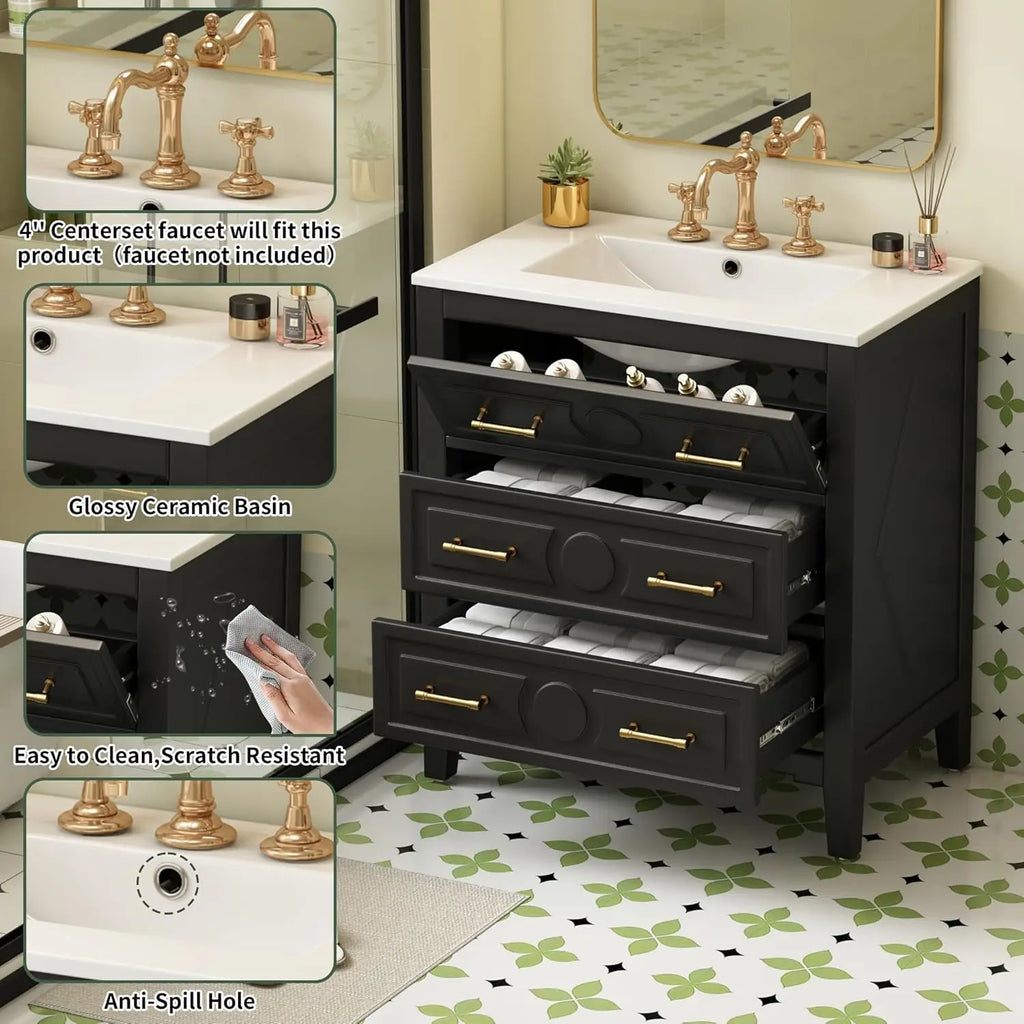 30" Bathroom Vanity with Sink Top 3-Drawer Storage Cabinet Gold Pulls Tip-Out Drawer Solid - Cabinet Organizer - view 6