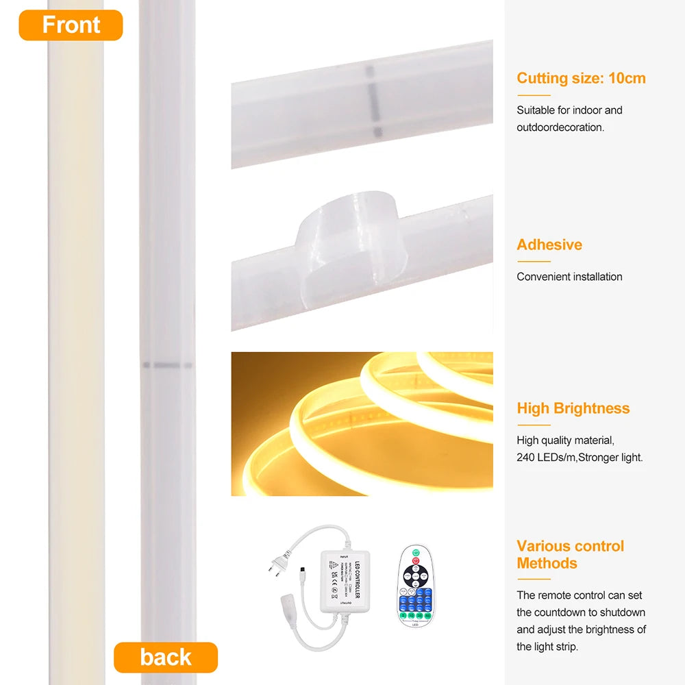 Dimmable 220V COB Neon LED Strip Light 23Key IR Remote Control EU UK AU - LED Strip Light - view 2