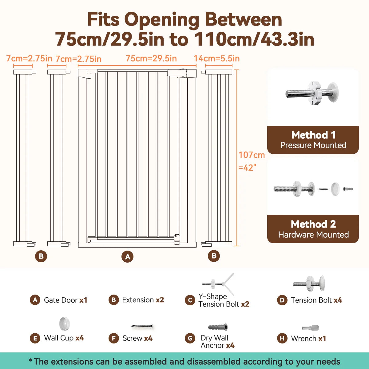 42" Extra Tall Baby Gate for Stairs Doorways Fits Openings 29.5" to 43.3" Wide - Safety Gate - view 5