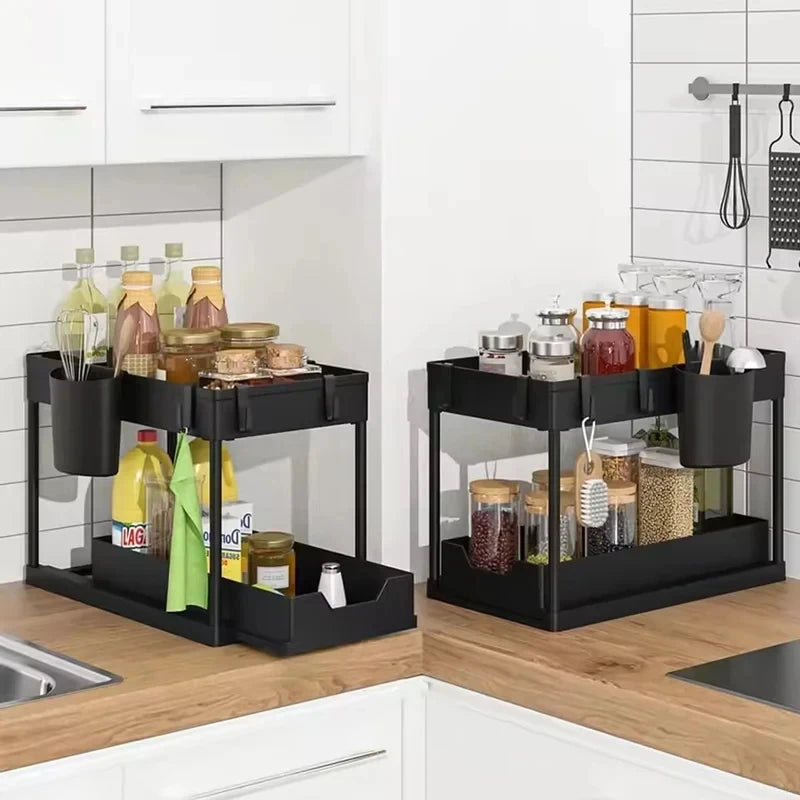 Under Sink Organizer 2 Layer Sliding Shelf Drawer Type Storage Rack Multipurpose Holder for Kitchen Bathroom Cabinet Home