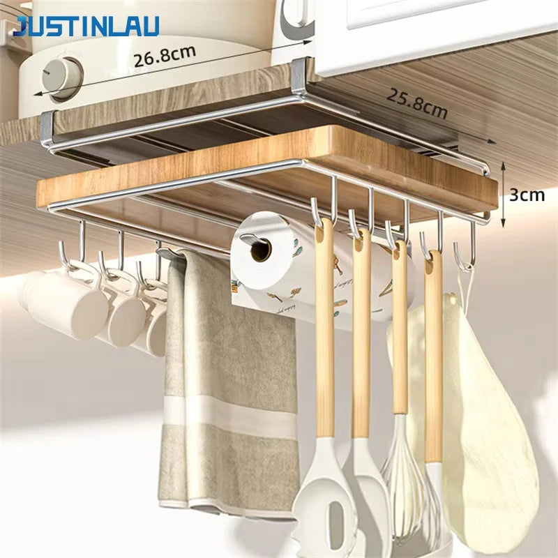 1PC Stainless Steel Hanging Kitchen Storage Rack with Hooks Paper Towel and Utensils - Storage Shelf - view 7