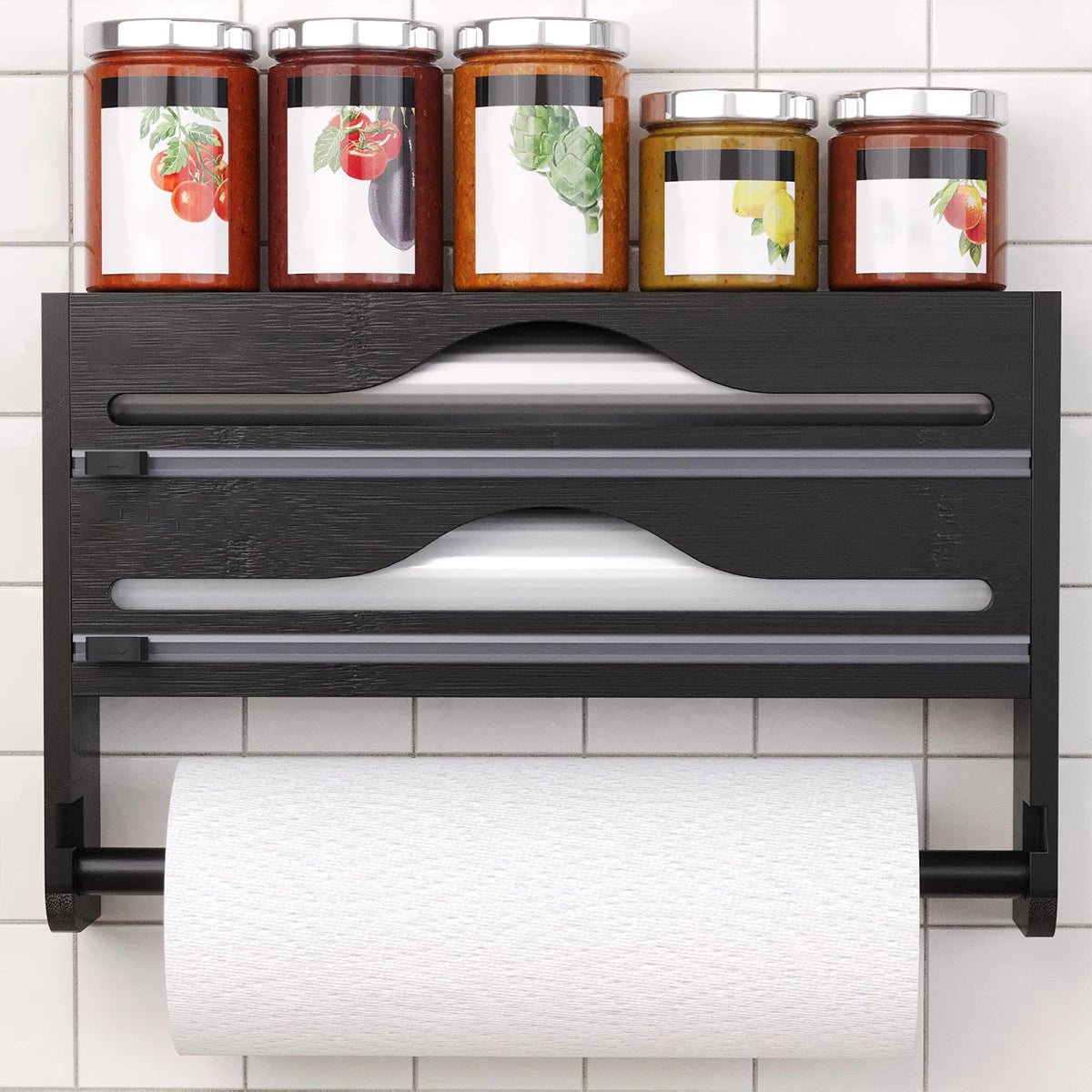 Bamboo Kitchen Organzier, Clingfilm & Foil Dispenser with Cutter, Wall-Mounted Storage - Home Improvement