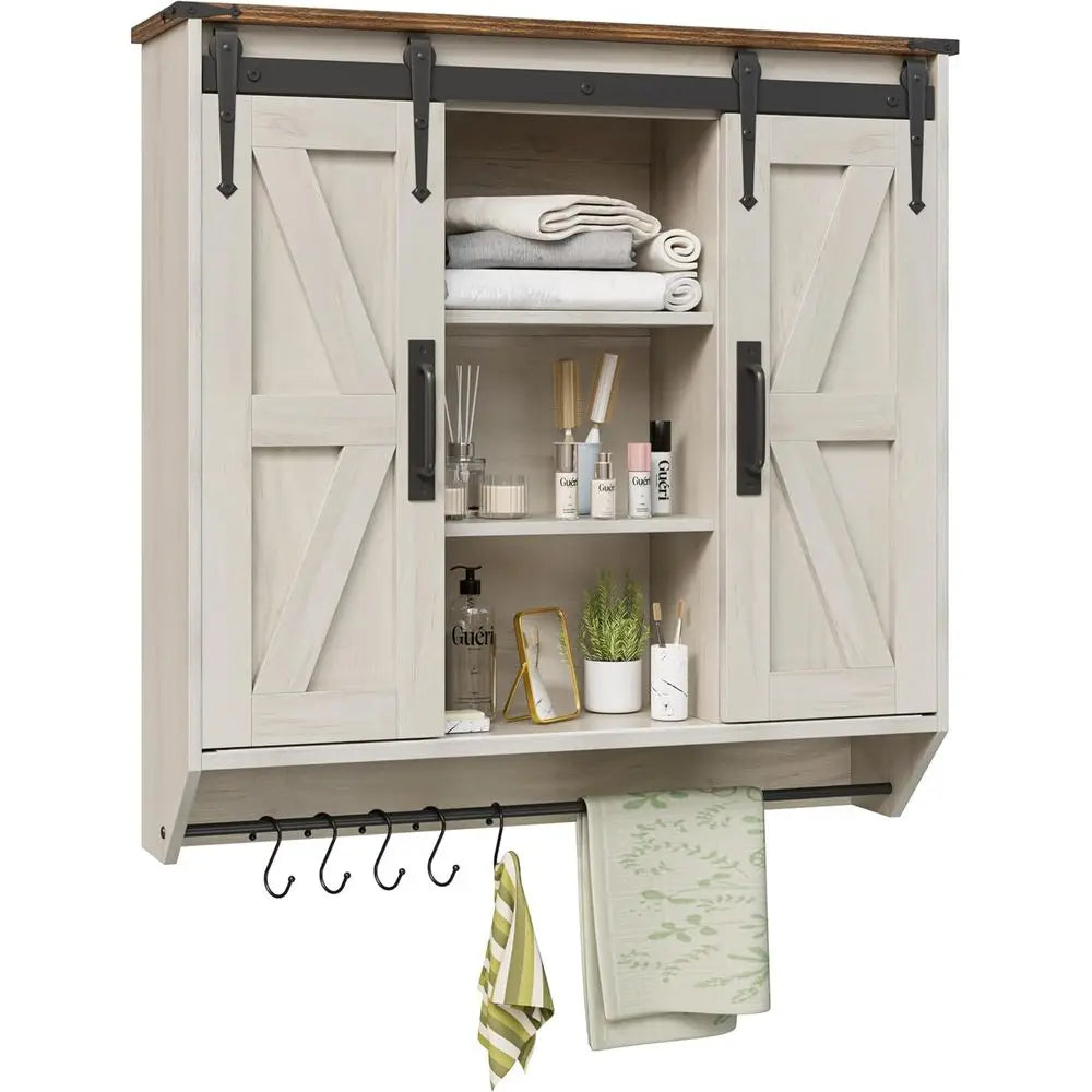 Farmhouse Medicine Cabinet 2 Sliding Barn Doors 3 Tier Rustic Wood Wall Storage Cabinet - Cabinet Organizer