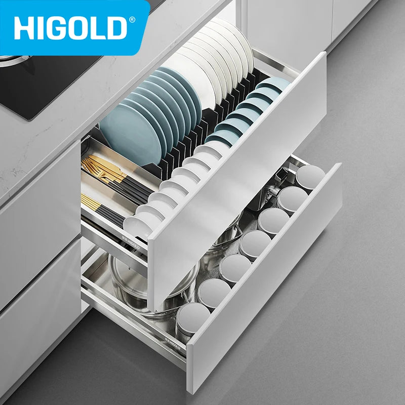 HIGOLD 600mm Kitchen Cabinet Basket Pull Drawer 800mm / 900mm 304 Stainless Steel Dish - Cabinet Organizer