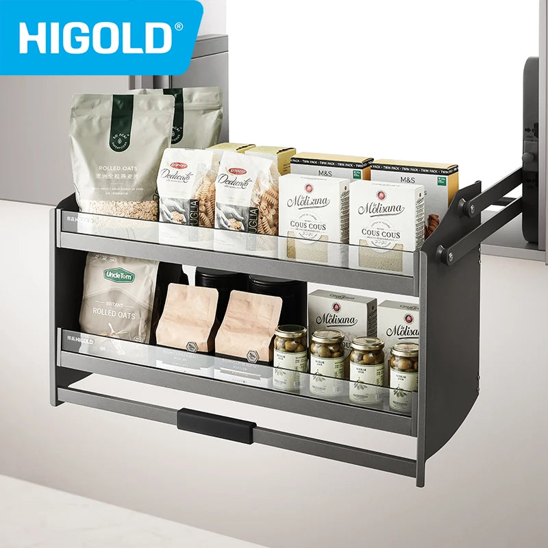 HIGOLD Pull Down Basket Kitchen Hanging Cabinet Lifting Basket Shelf Tempered Glass - Cabinet Organizer