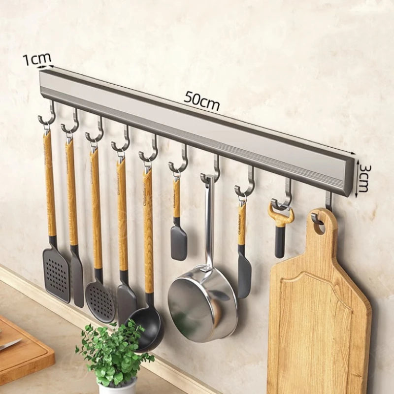 Aluminum Alloy Hooks Rack Wall Mounted Drill-Free Kitchen Utensils Storage Row Hook - Storage Shelf - view 8