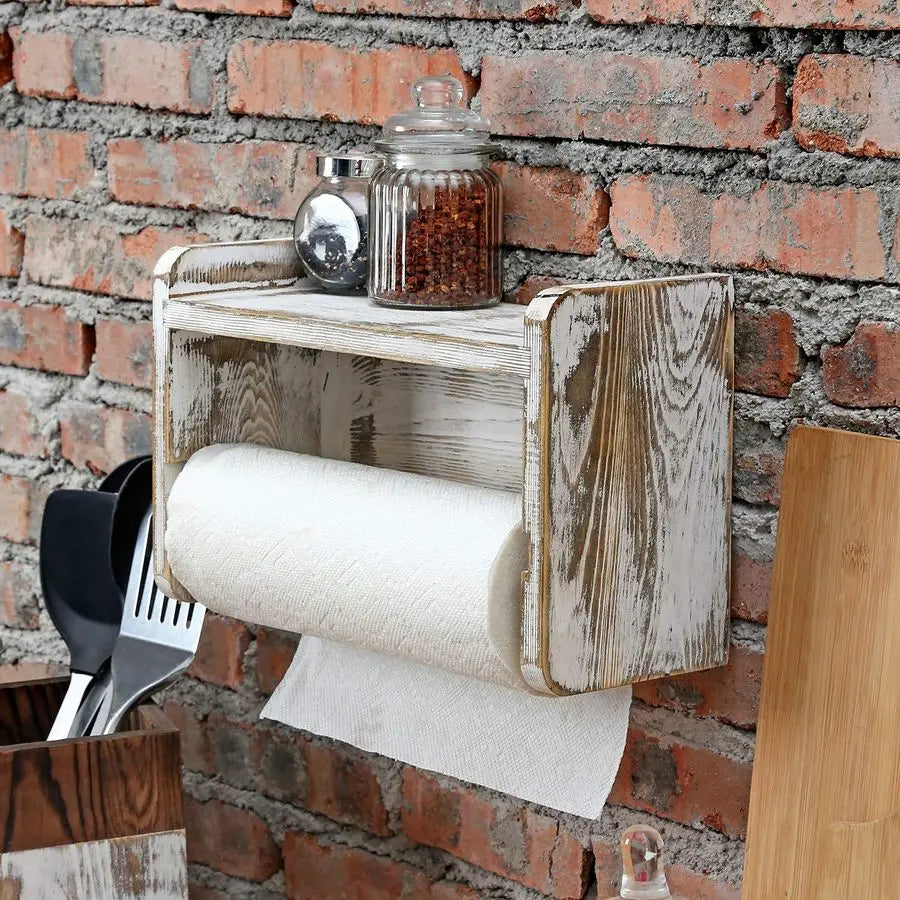 Farmhouse Paper Towel Holder, Shabby Whitewashed Wood Farmhouse Wall Mounted Kitchen - Organizer - view 2