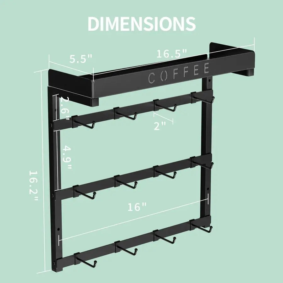 Mug Holder Wall Mounted with 12 Movable Hooks, Metal Coffee Cup Holder with Top - Organizer - view 6