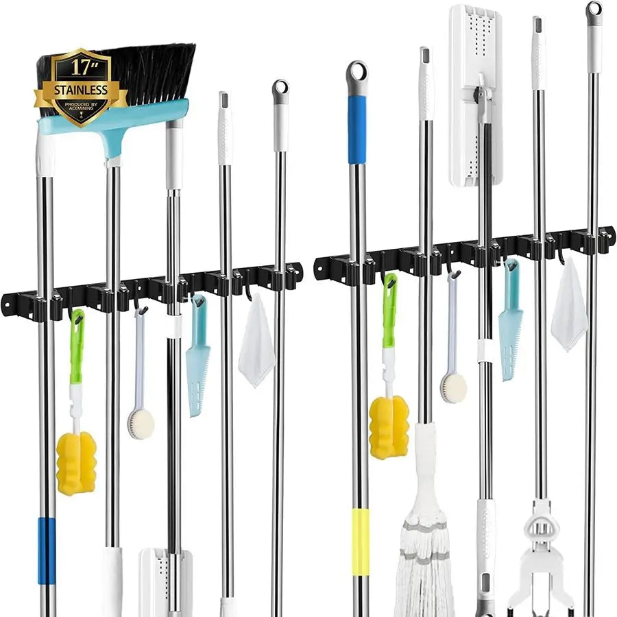 2 Pack Black 5 Racks and 4 Hooks Mop and Broom Holder Wall Mount - Storage Shelf