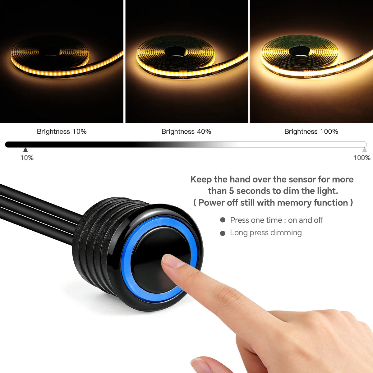 2 Switches, Penetrable Wood Hand Scan, Touch Sensor Dimmable COB LED Strip Light - LED Strip Light - view 4