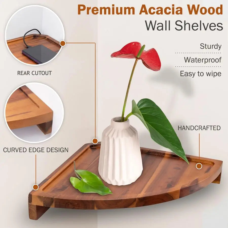 Floating Round Corner Shelves for Wall 2pcs Acacia Wood WallMounted Storage Shelves - Home Improvement - view 4