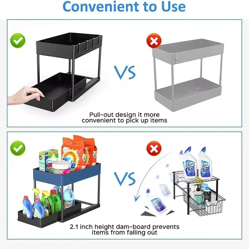 Under Sink Organizer 2 Layer Sliding Shelf Drawer Type Storage Rack Multipurpose Holder for Kitchen Bathroom Cabinet Home