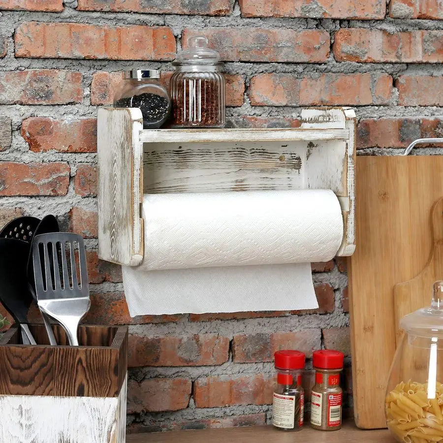 Farmhouse Paper Towel Holder, Shabby Whitewashed Wood Farmhouse Wall Mounted Kitchen - Organizer - view 3