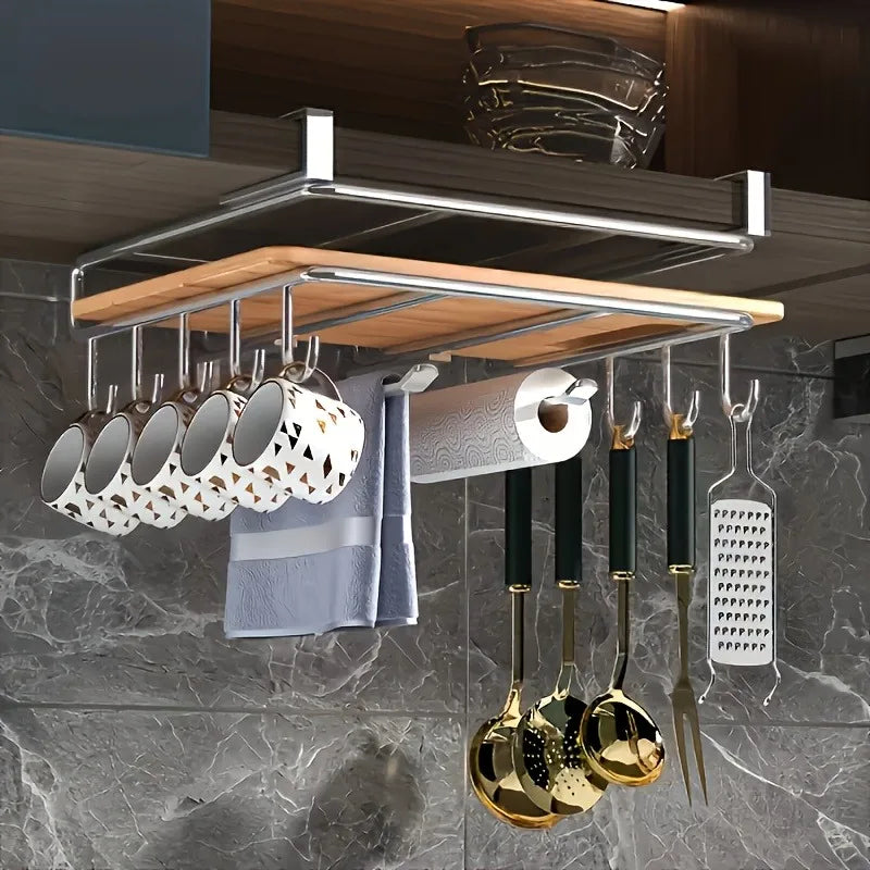 1PC Stainless Steel Hanging Kitchen Storage Rack with Hooks Paper Towel and Utensils - Storage Shelf