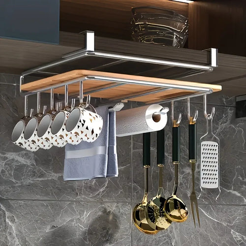 1PC Stainless Steel Hanging Kitchen Storage Rack with Hooks Paper Towel and Utensils - Storage Shelf