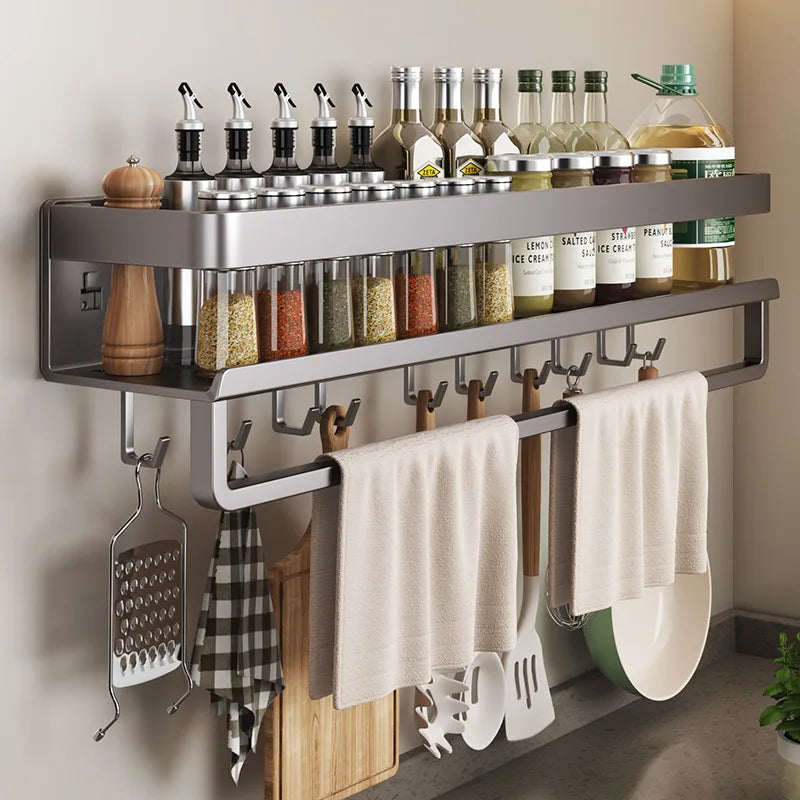 Aluminum Wall-Mounted Shelf Multifunctional Kitchen Spice Storage Rack Kitchen No - Storage Shelf