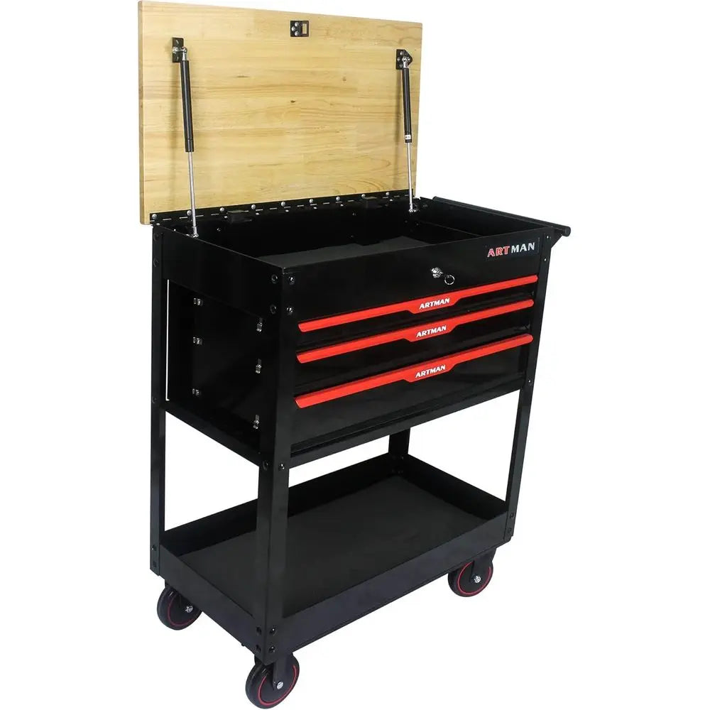 38.58 Rolling Multifunction Tool Cart with Wooden Top and Lockable Drawers for Storage in - Cabinet Organizer
